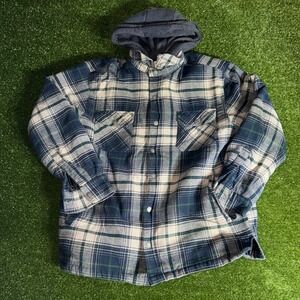 RedHead Brand Co Mens XL Blue Plaid Hooded Flannel Shirt Jacket Quilted Lined